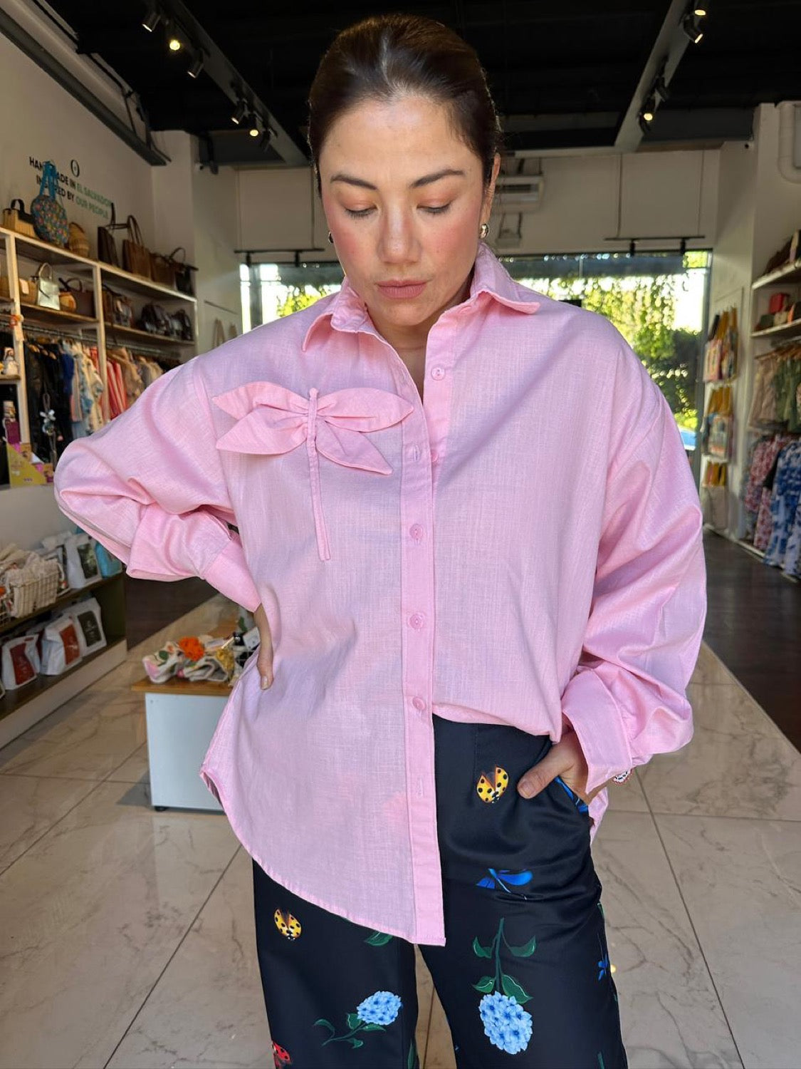 Pink shirt blouse with 3D Dragonfly