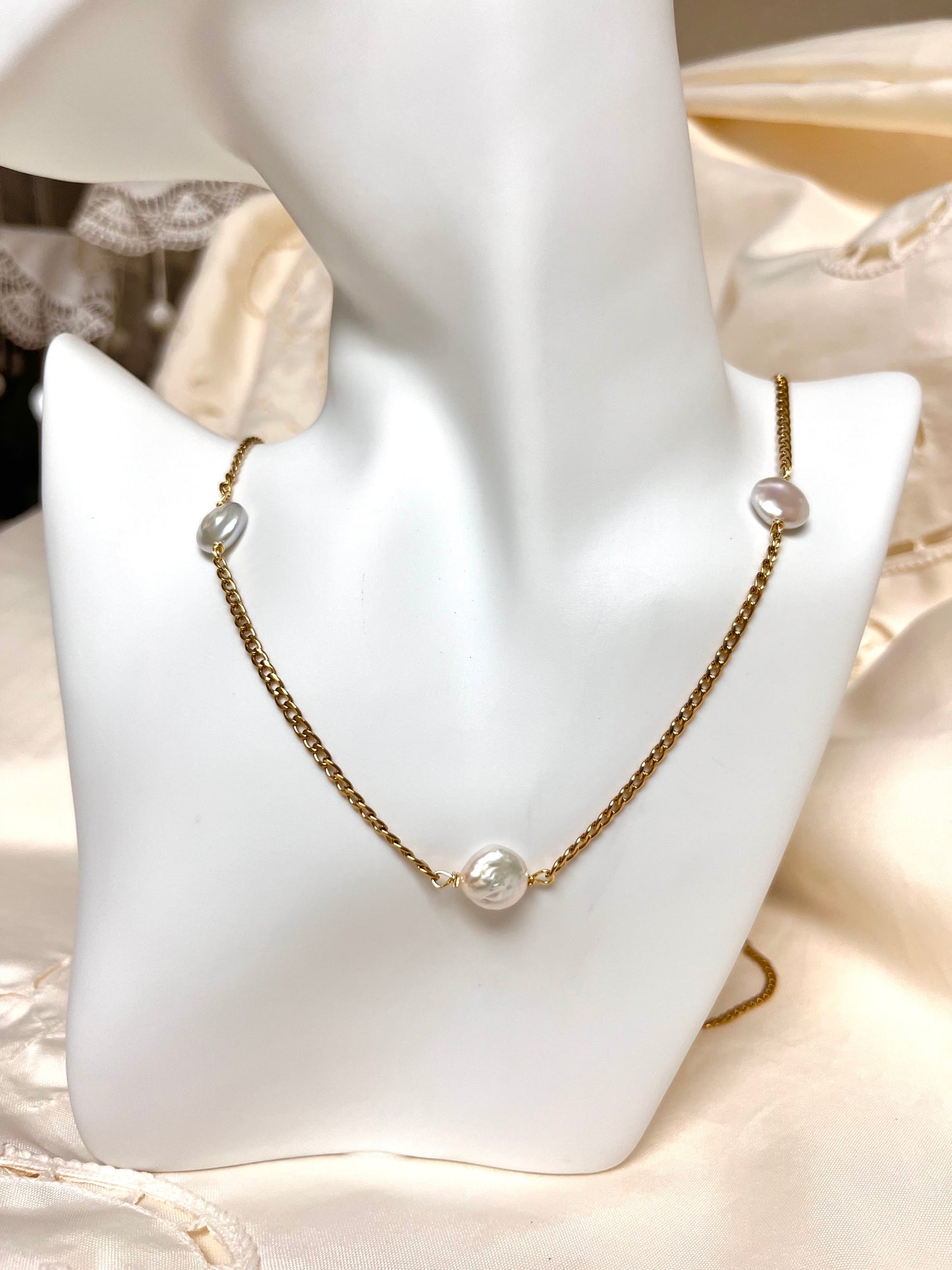 Collar Cadena Acero Inoxidable Y Perla Redonda Plana