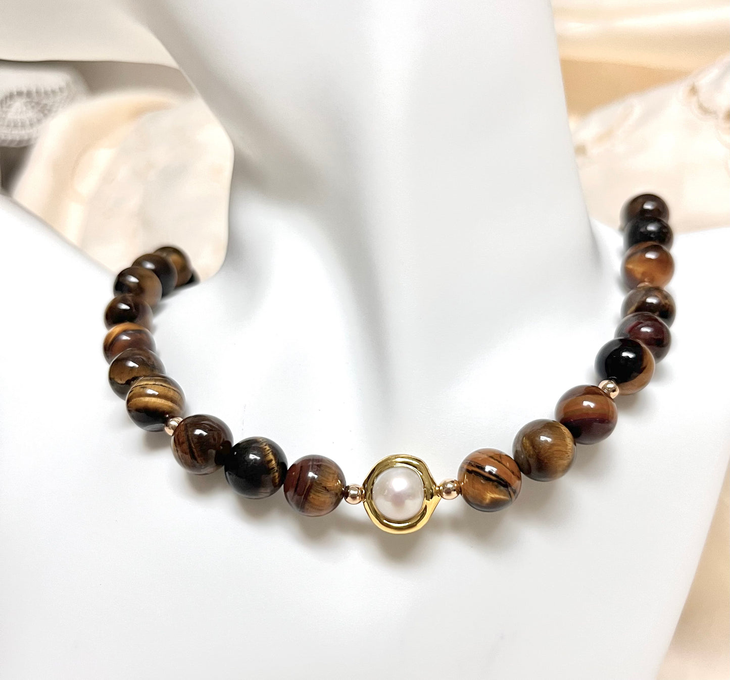 Collar Agatas Ojo De Tigre Y Perla