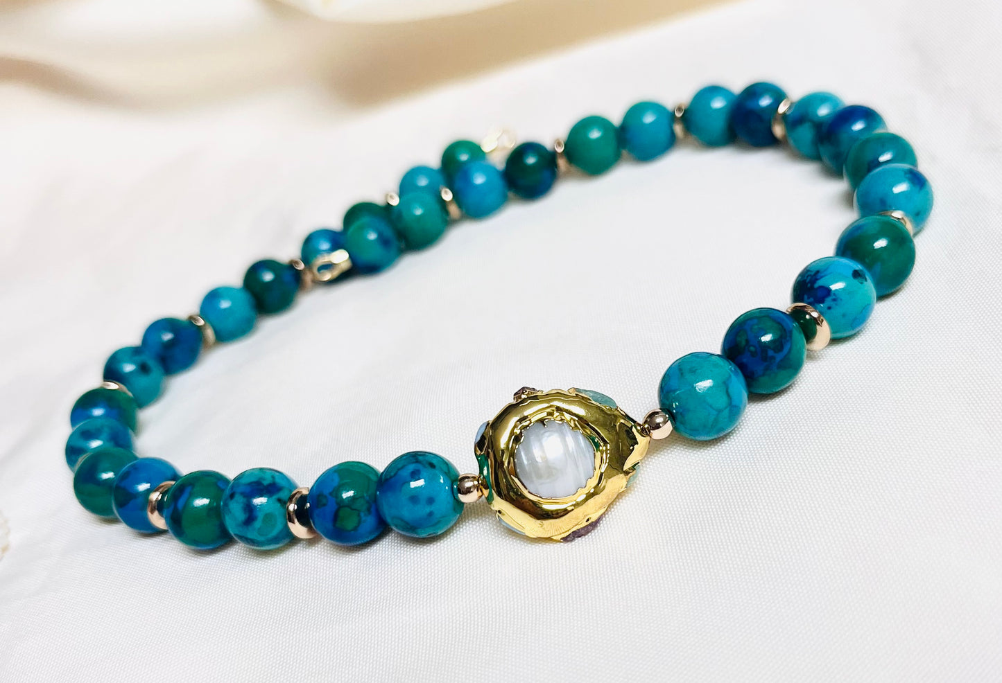 Collar Agatas Crisocola Y Conector Perla Y Larimar