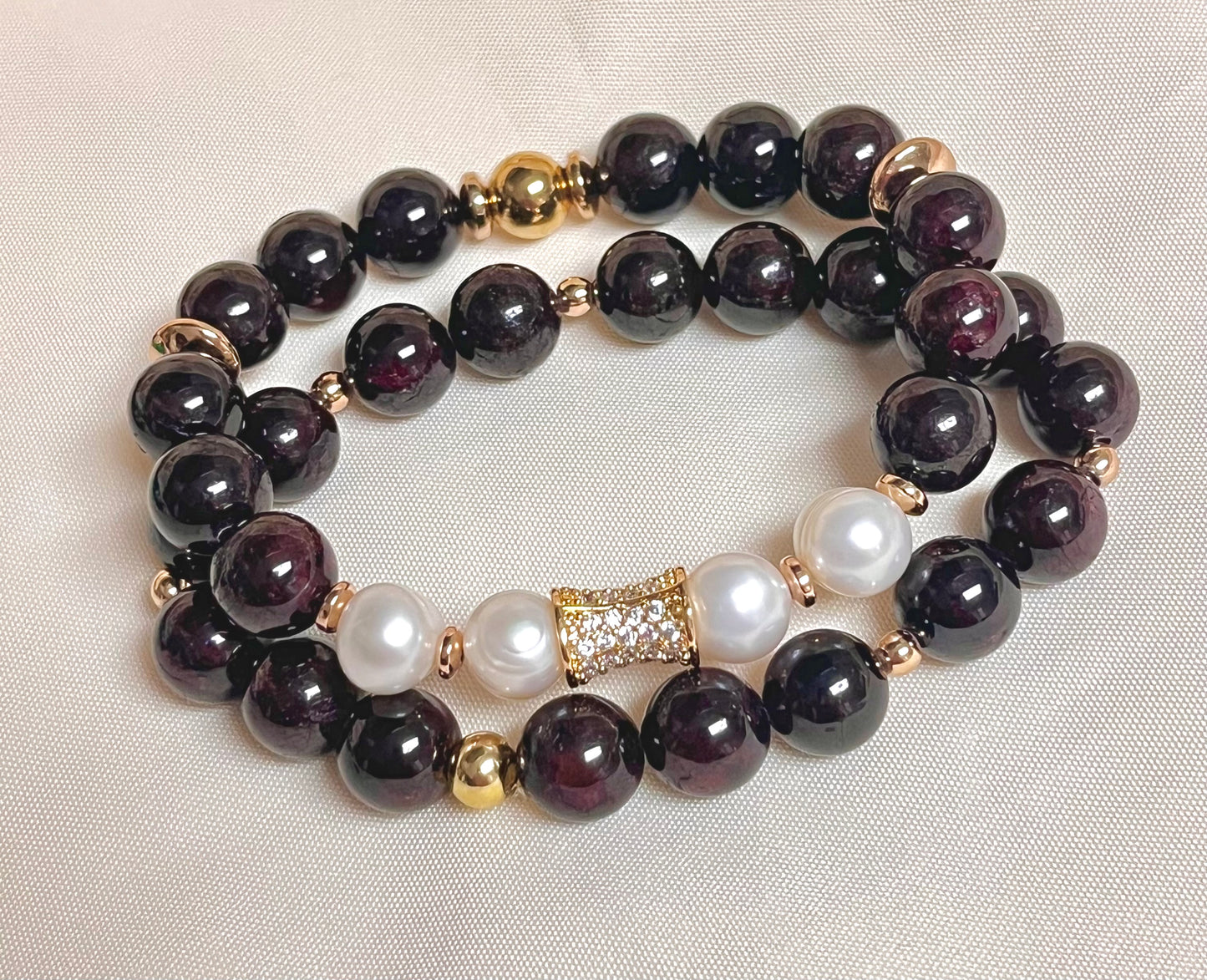 Pulsera Granate Y Hematitas Doradas