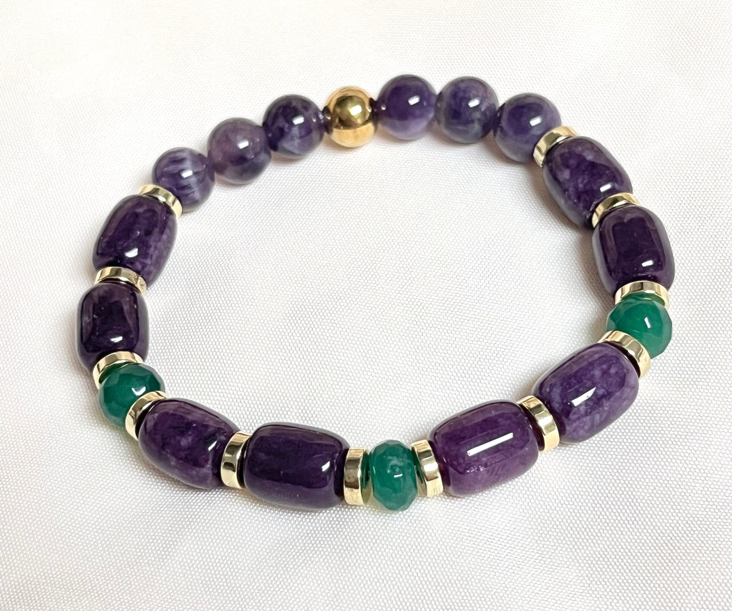 Pulsera Amatista, Cuarzo Verde Y Hematitas Doradas