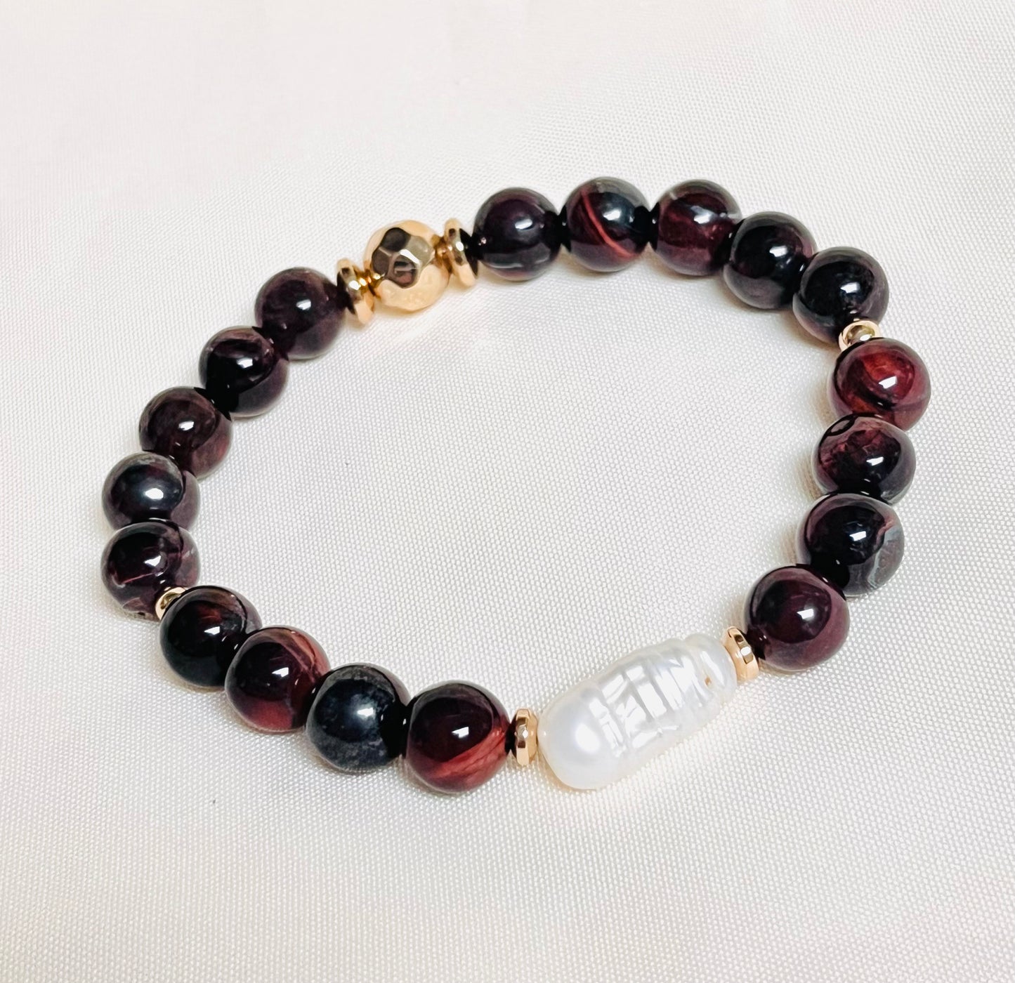 Pulsera Ojo De Tigre Rosa, Perla Barroca Y Hematitas