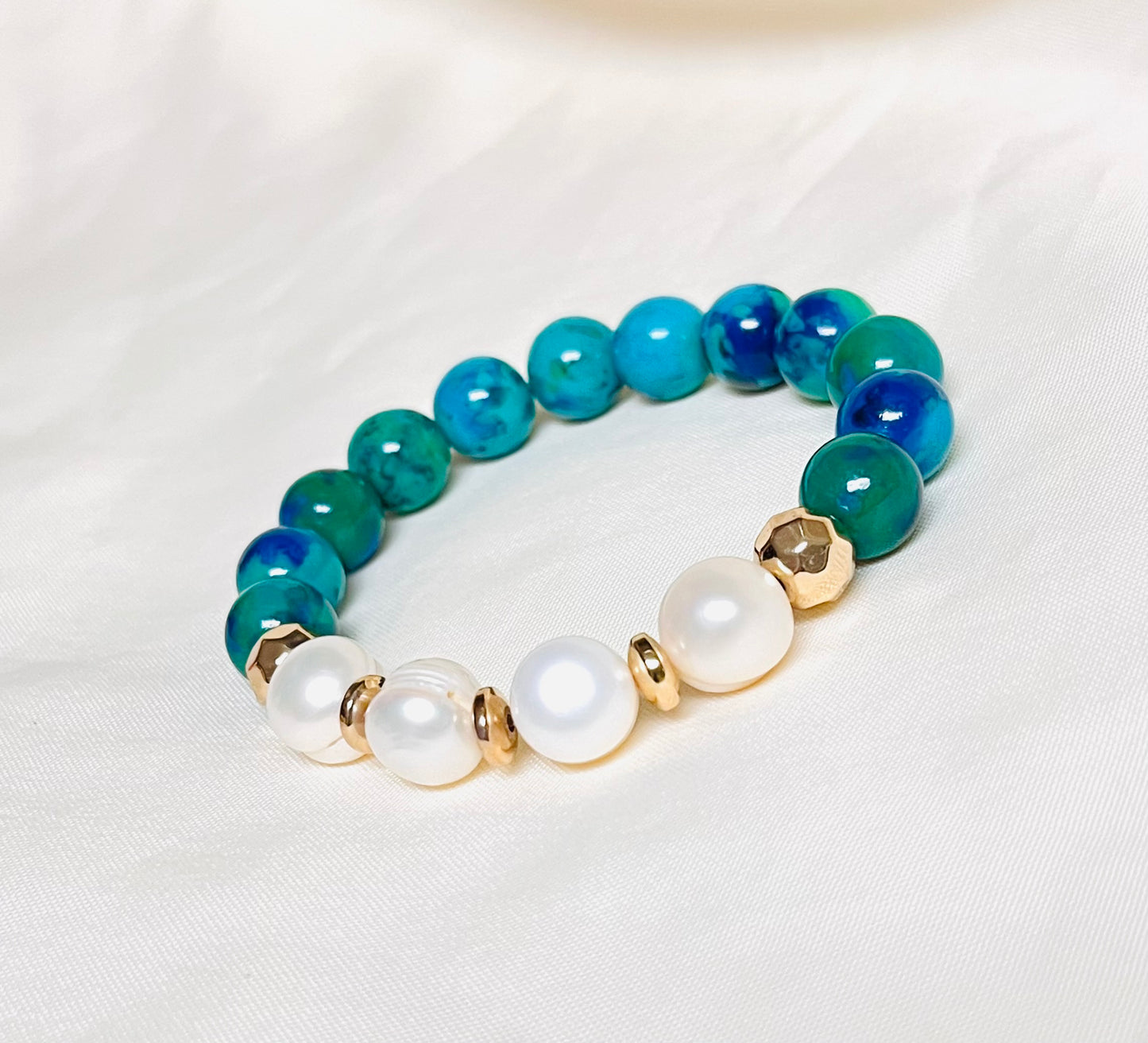 Pulsera Crisocola, Perlas Cultivadas Y Hematitas