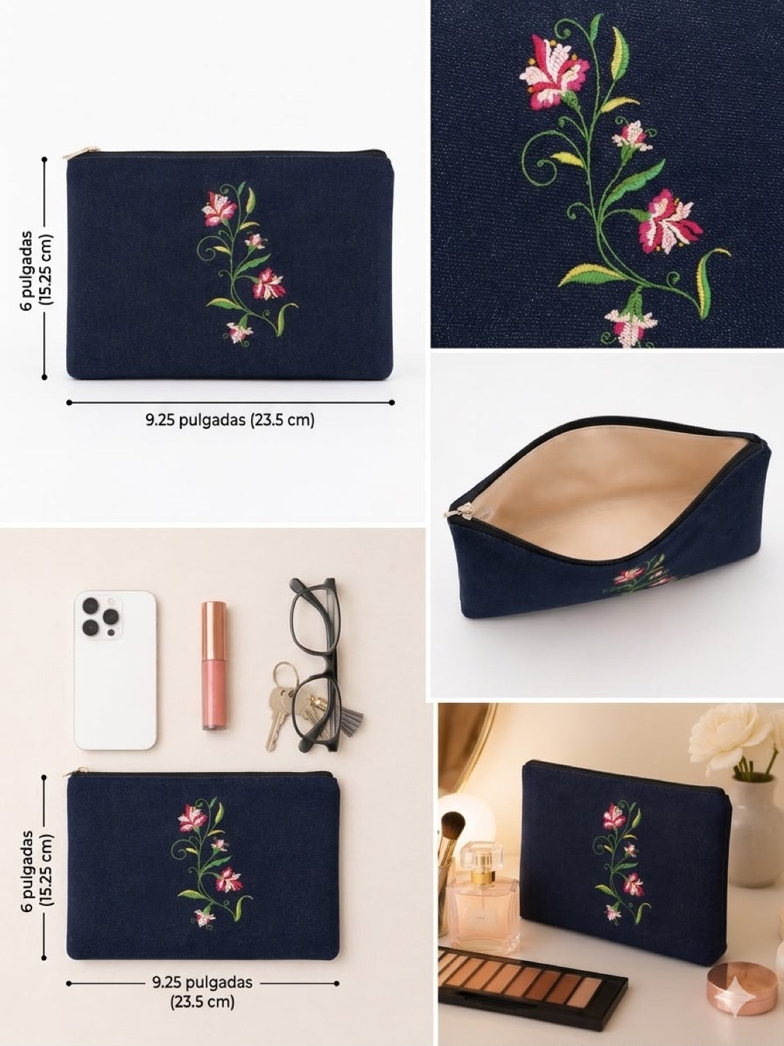 Cosmetiquera bordada con flores